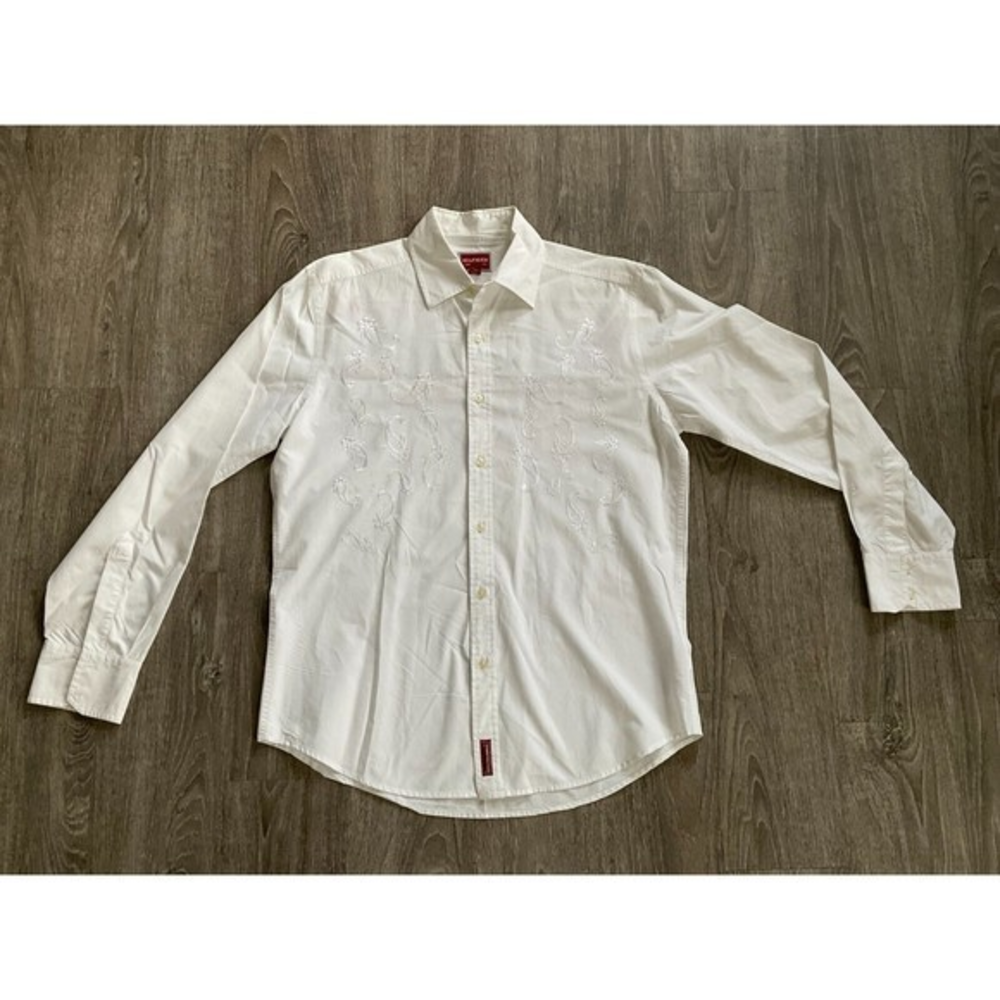 Vtg Tommy Hilfiger Red Label Denim Embroidered Long Sleeve Shirt Mens Medium Whi